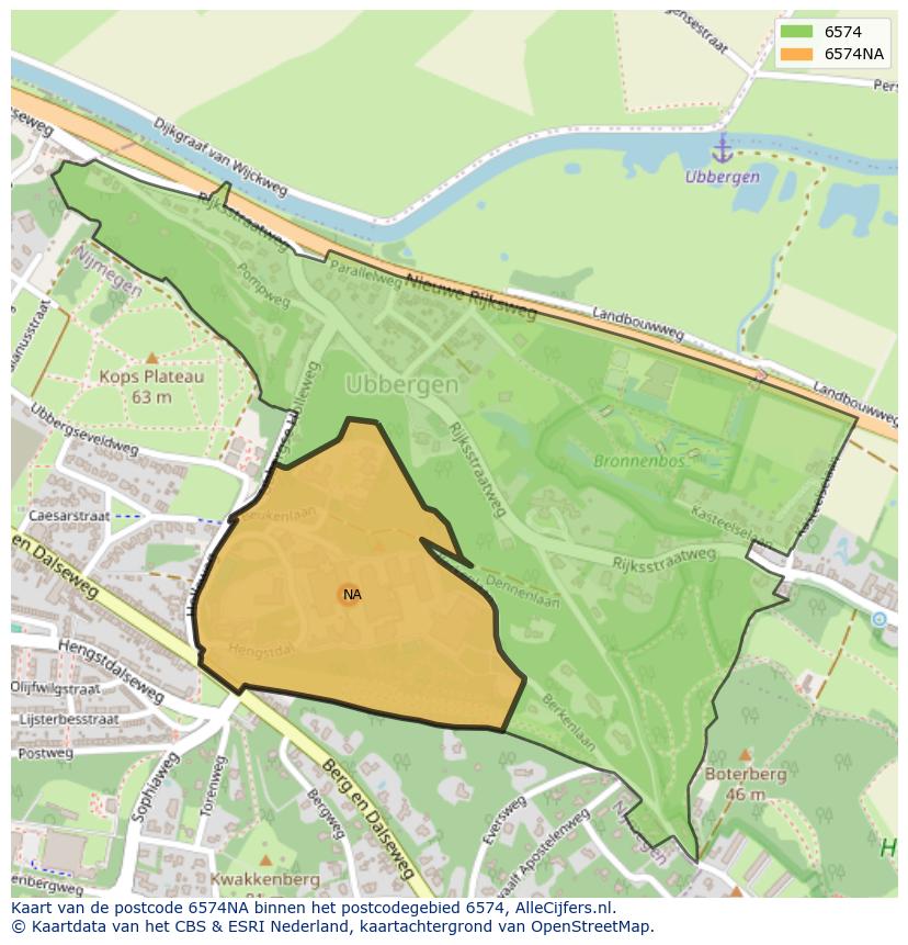 Afbeelding van het postcodegebied 6574 NA op de kaart.
