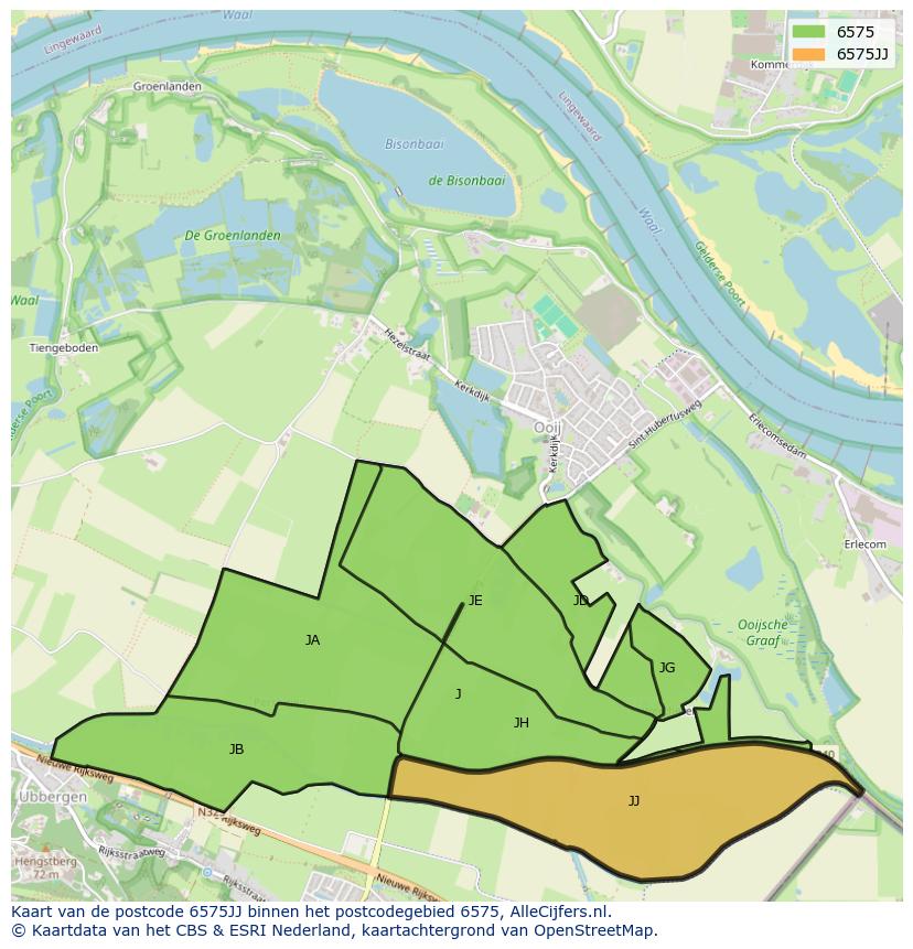 Afbeelding van het postcodegebied 6575 JJ op de kaart.