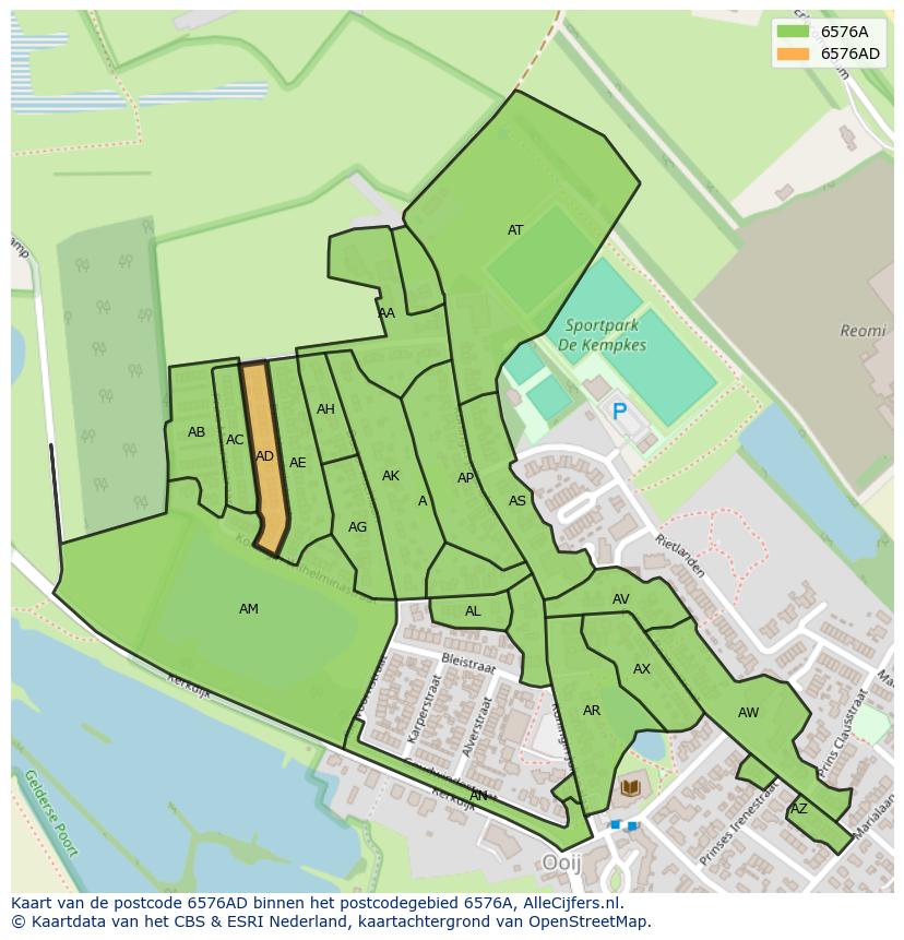 Afbeelding van het postcodegebied 6576 AD op de kaart.