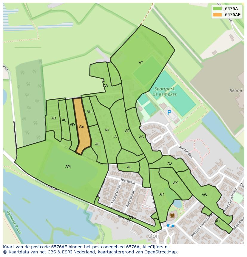 Afbeelding van het postcodegebied 6576 AE op de kaart.