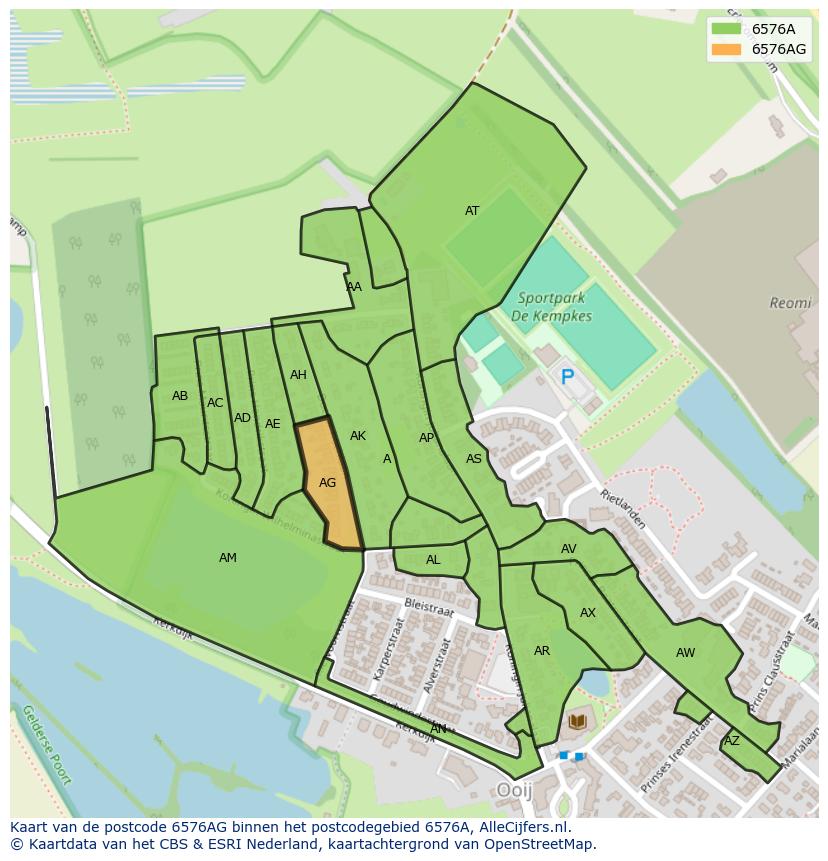 Afbeelding van het postcodegebied 6576 AG op de kaart.