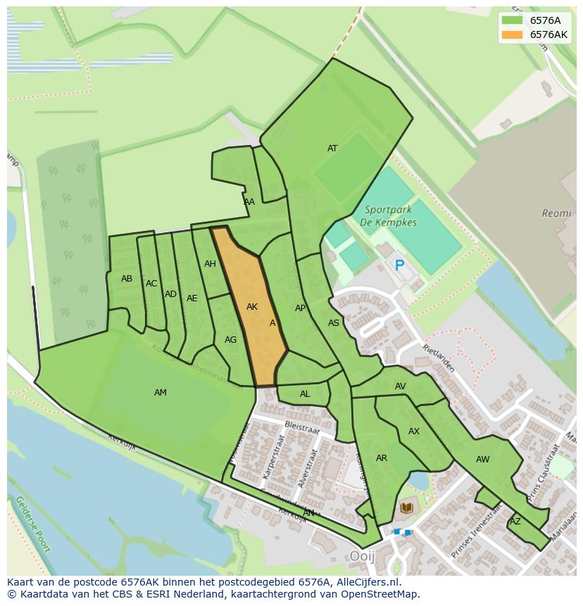 Afbeelding van het postcodegebied 6576 AK op de kaart.