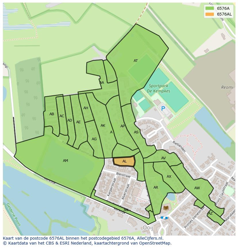 Afbeelding van het postcodegebied 6576 AL op de kaart.