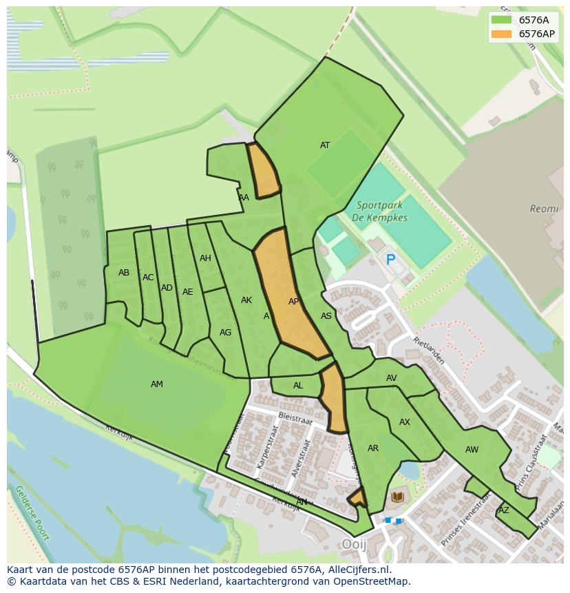Afbeelding van het postcodegebied 6576 AP op de kaart.
