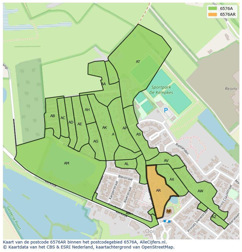 Afbeelding van het postcodegebied 6576 AR op de kaart.