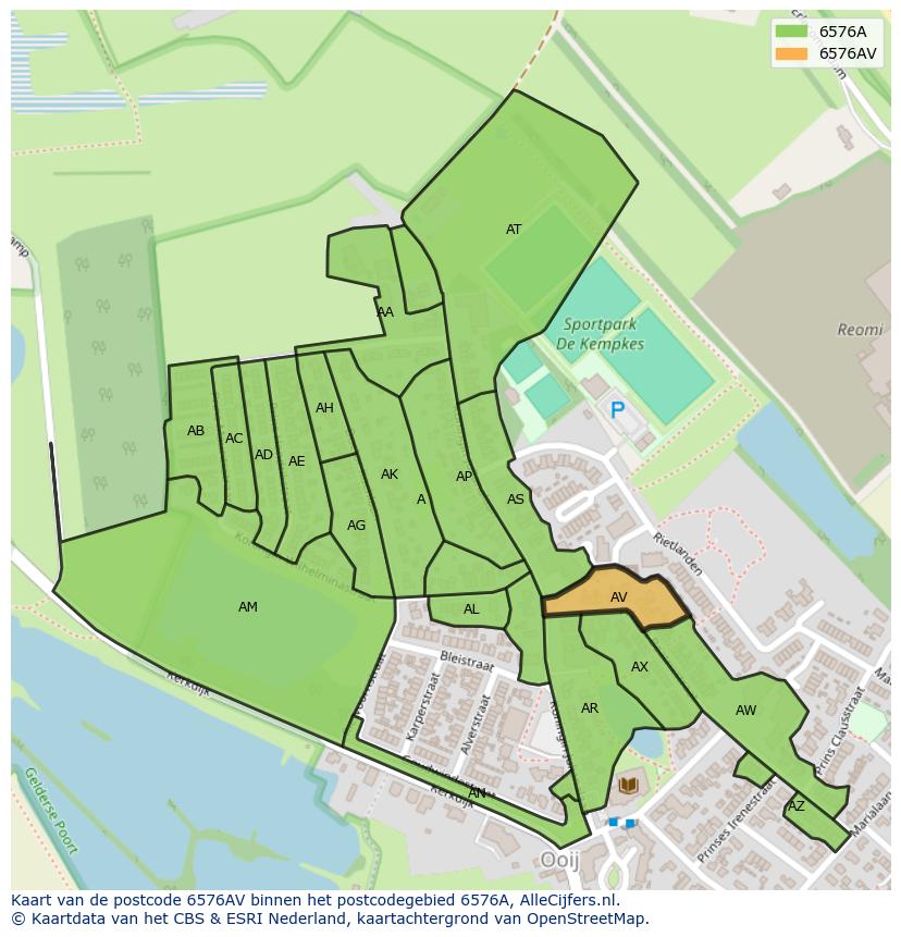 Afbeelding van het postcodegebied 6576 AV op de kaart.