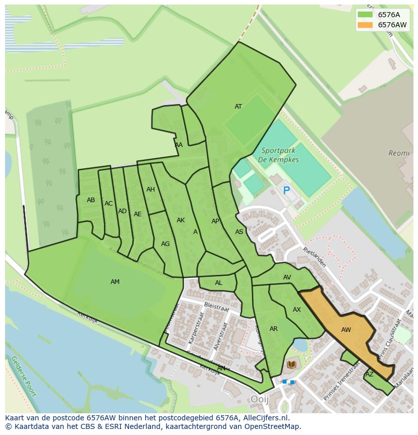 Afbeelding van het postcodegebied 6576 AW op de kaart.