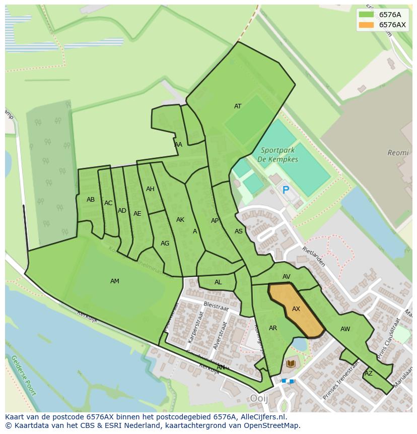 Afbeelding van het postcodegebied 6576 AX op de kaart.