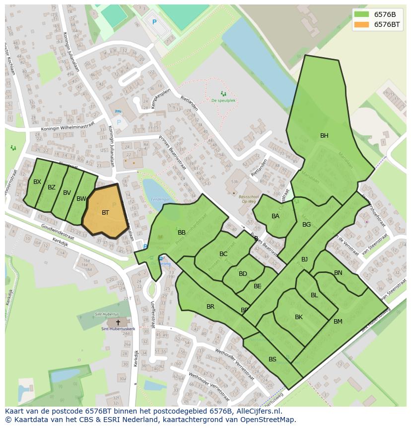 Afbeelding van het postcodegebied 6576 BT op de kaart.