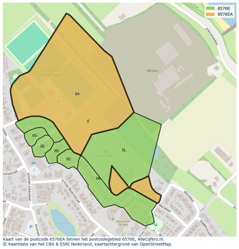 Afbeelding van het postcodegebied 6576 EA op de kaart.