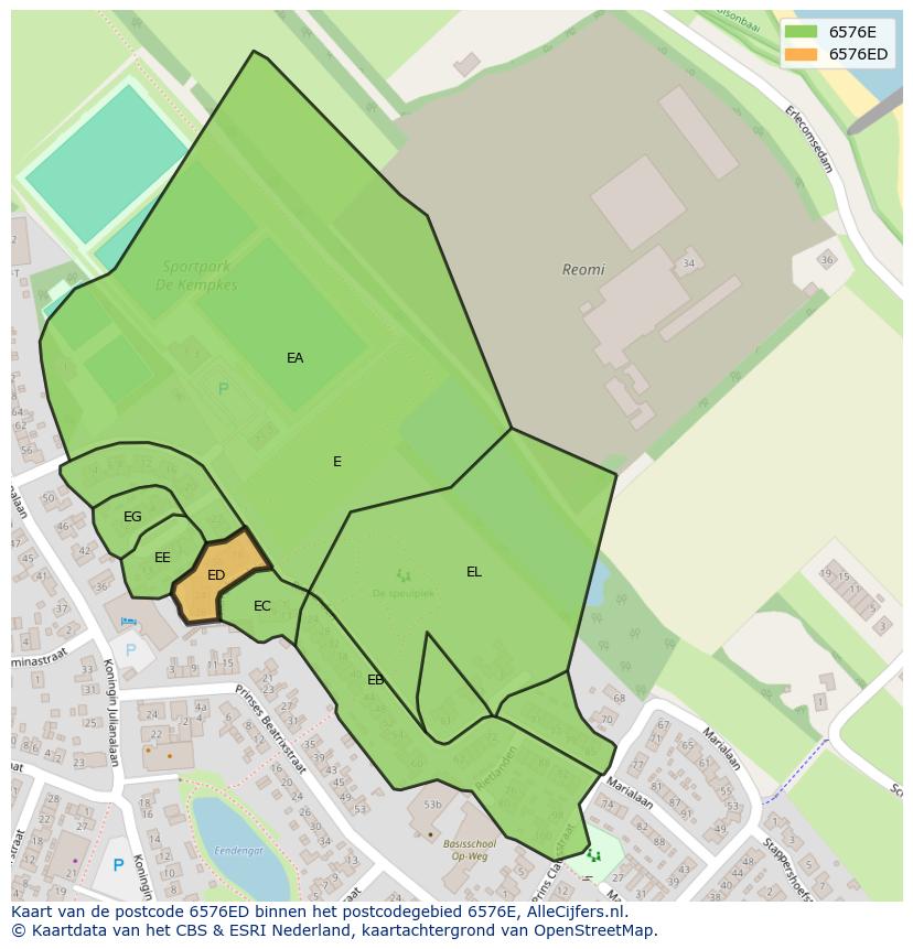 Afbeelding van het postcodegebied 6576 ED op de kaart.
