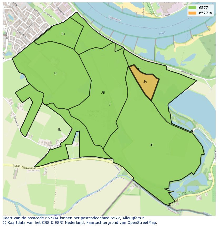 Afbeelding van het postcodegebied 6577 JA op de kaart.