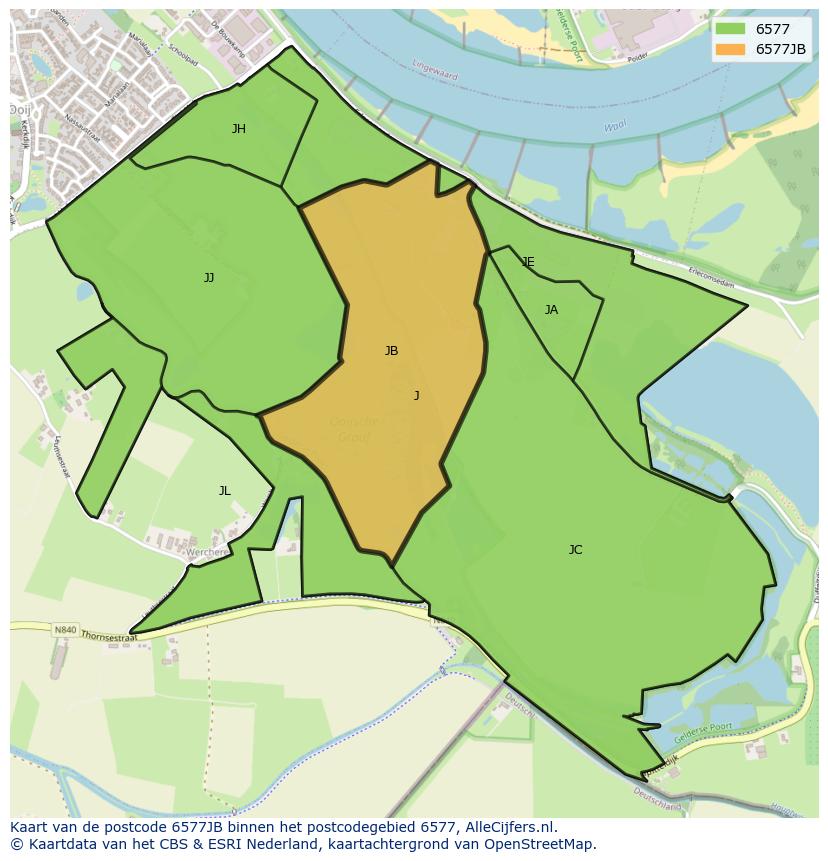Afbeelding van het postcodegebied 6577 JB op de kaart.
