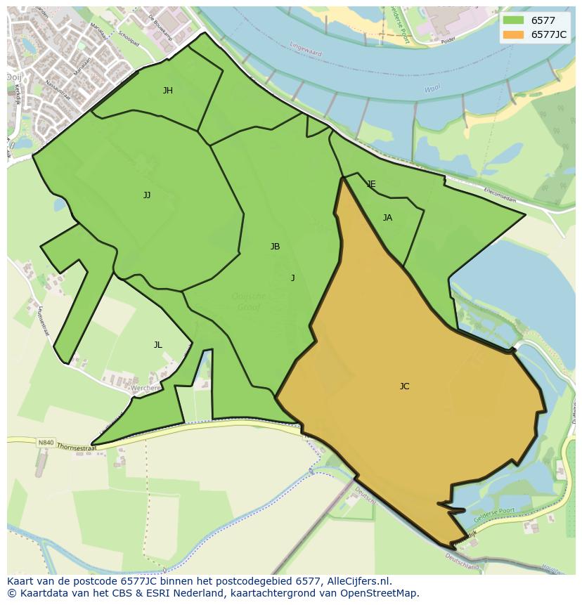 Afbeelding van het postcodegebied 6577 JC op de kaart.