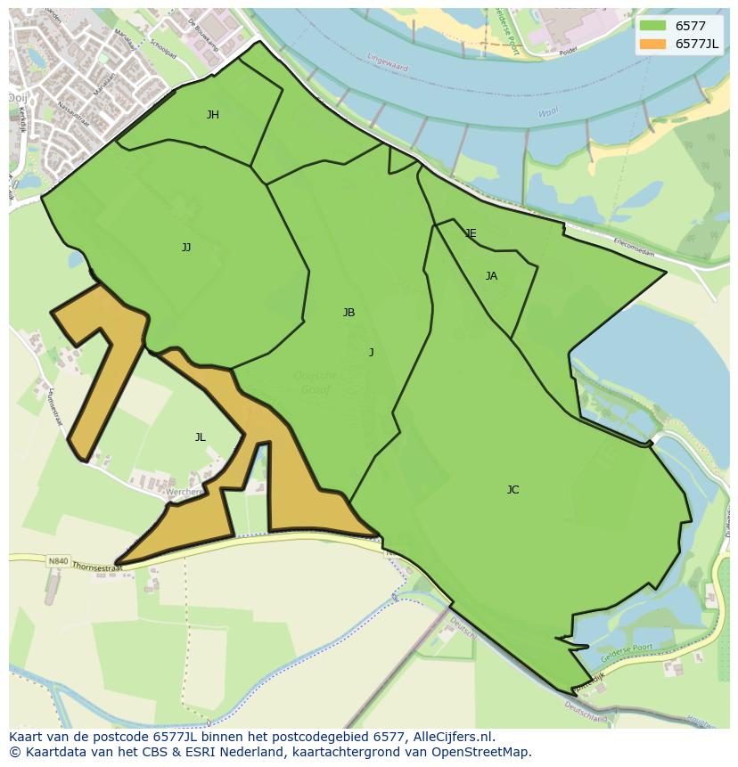 Afbeelding van het postcodegebied 6577 JL op de kaart.
