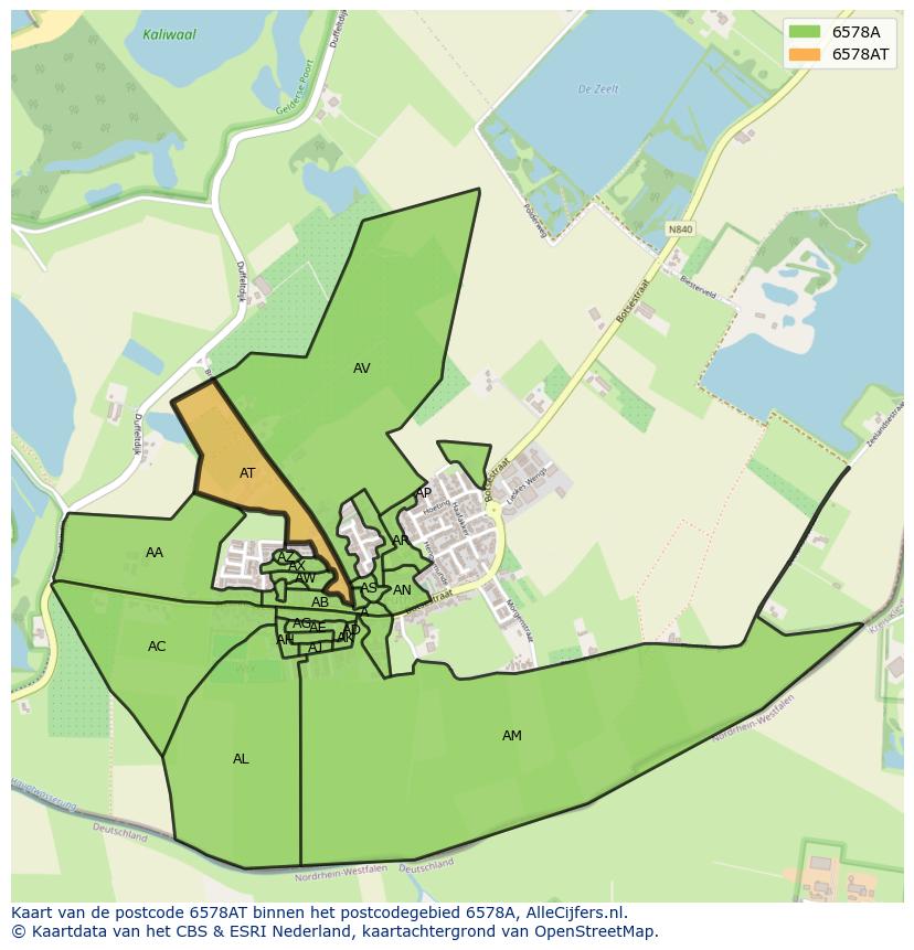 Afbeelding van het postcodegebied 6578 AT op de kaart.