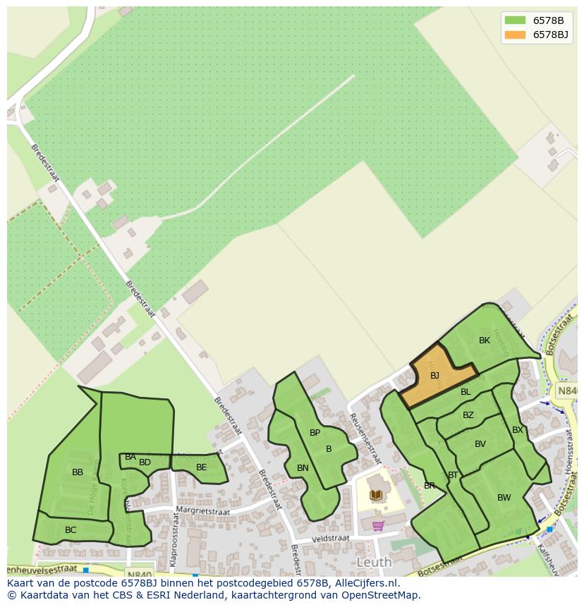 Afbeelding van het postcodegebied 6578 BJ op de kaart.