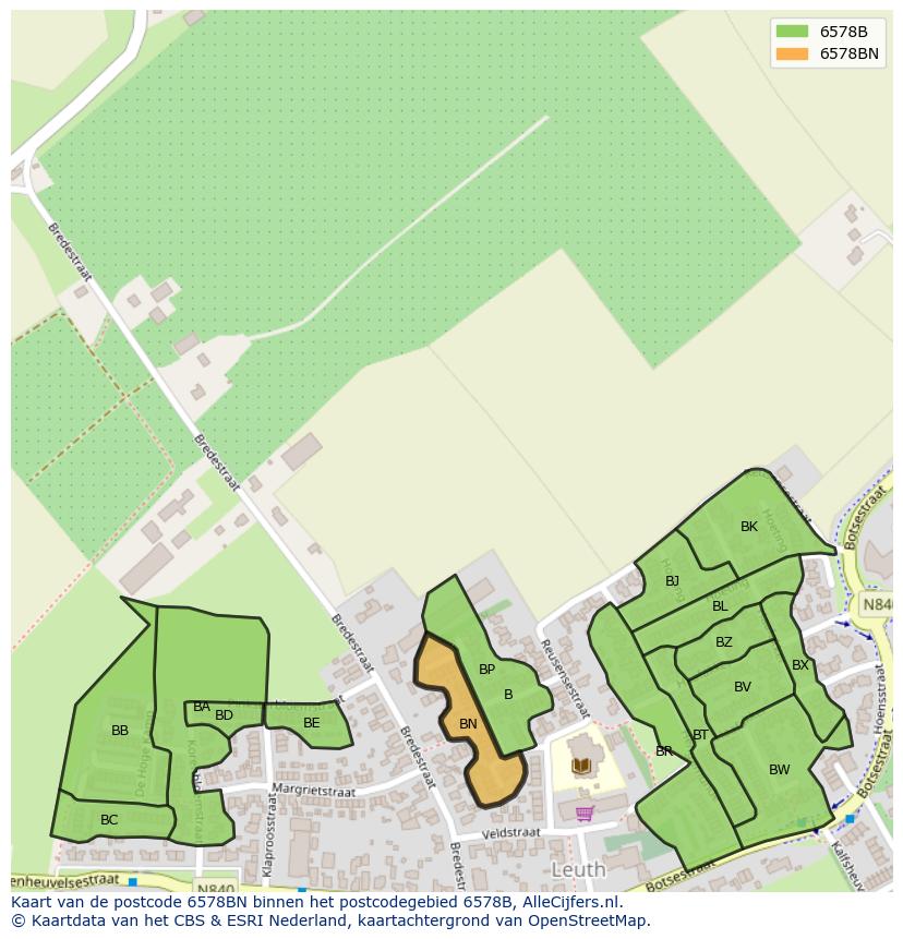 Afbeelding van het postcodegebied 6578 BN op de kaart.