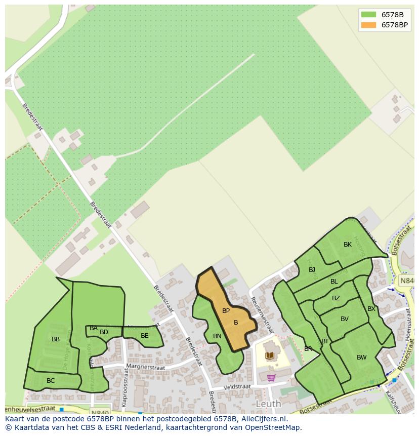 Afbeelding van het postcodegebied 6578 BP op de kaart.