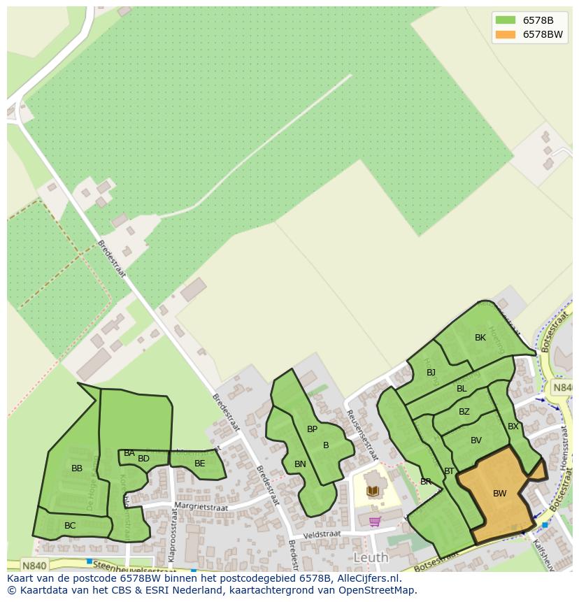 Afbeelding van het postcodegebied 6578 BW op de kaart.