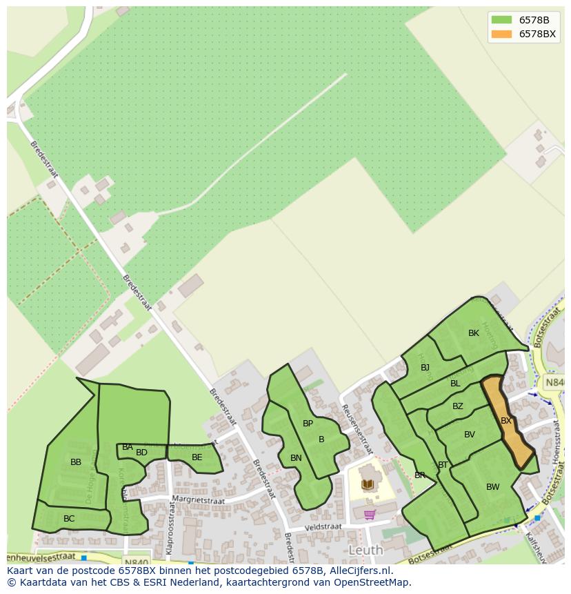 Afbeelding van het postcodegebied 6578 BX op de kaart.