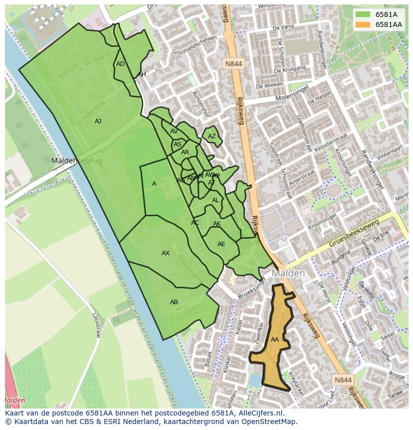 Afbeelding van het postcodegebied 6581 AA op de kaart.