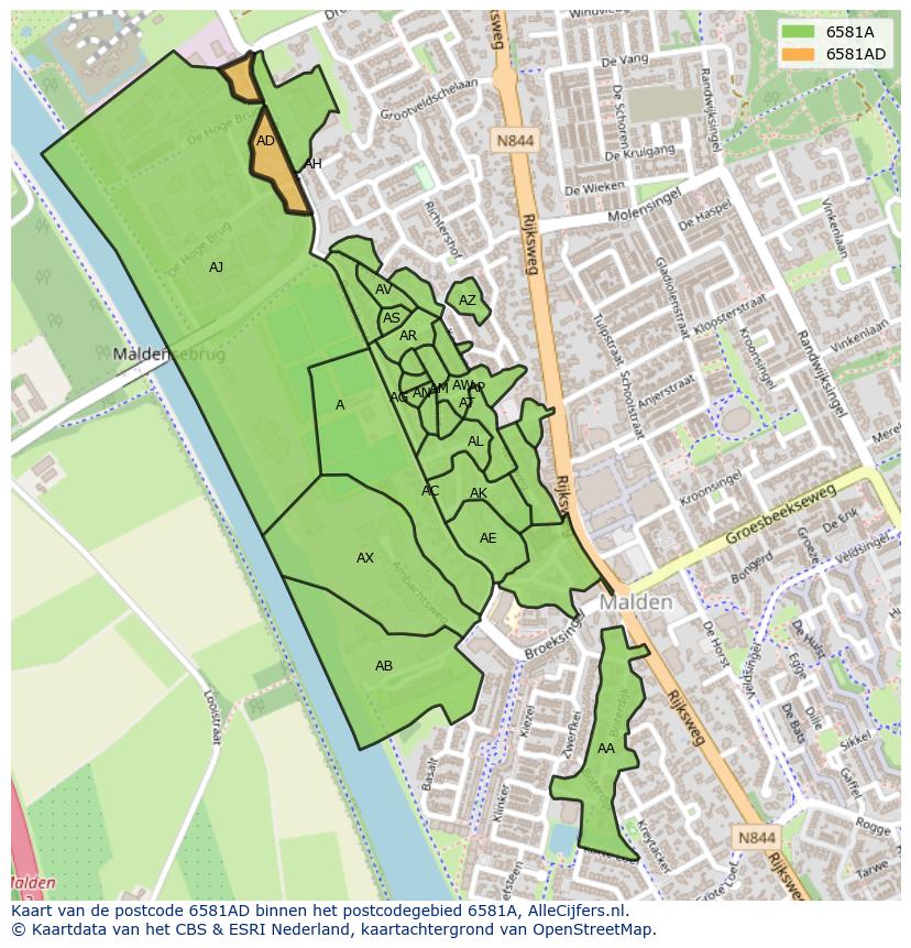 Afbeelding van het postcodegebied 6581 AD op de kaart.