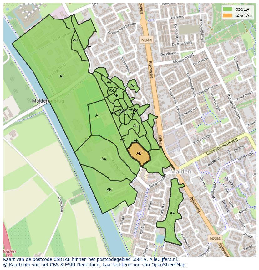 Afbeelding van het postcodegebied 6581 AE op de kaart.