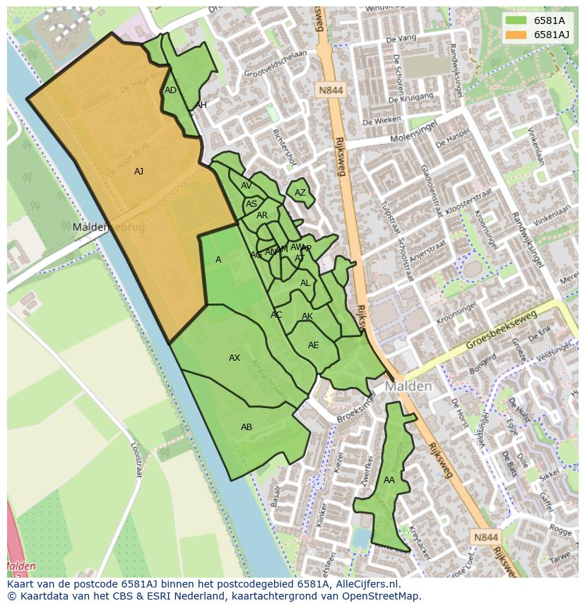 Afbeelding van het postcodegebied 6581 AJ op de kaart.