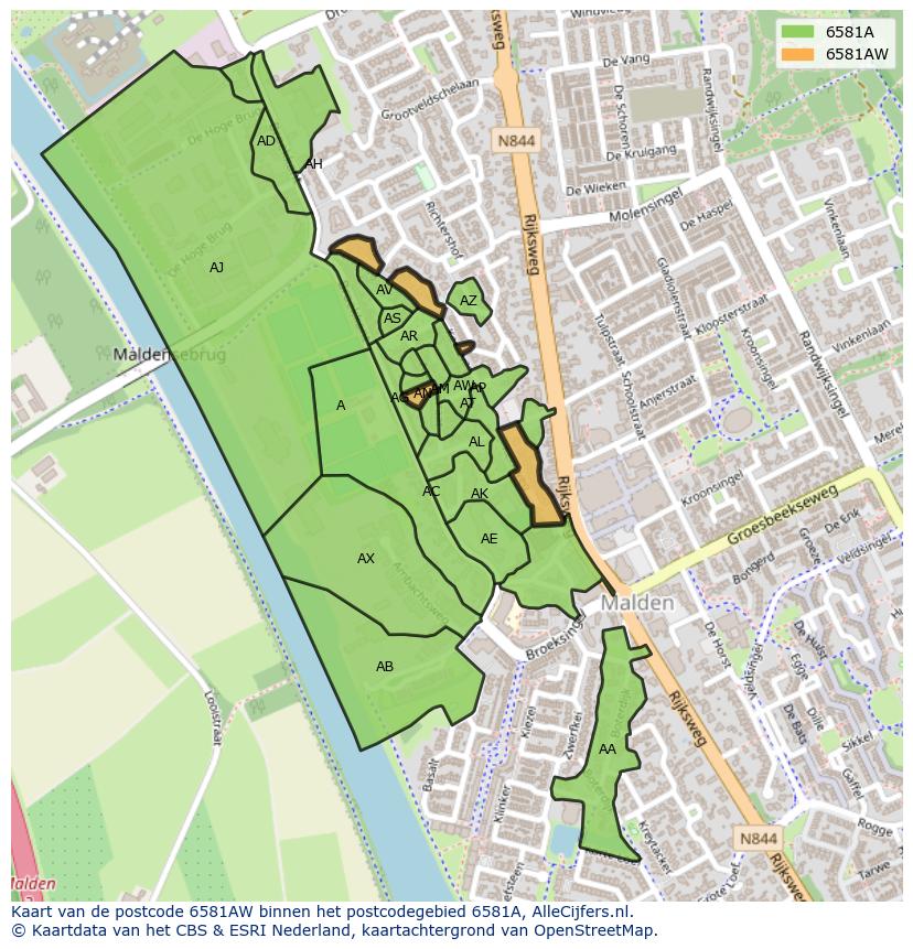 Afbeelding van het postcodegebied 6581 AW op de kaart.