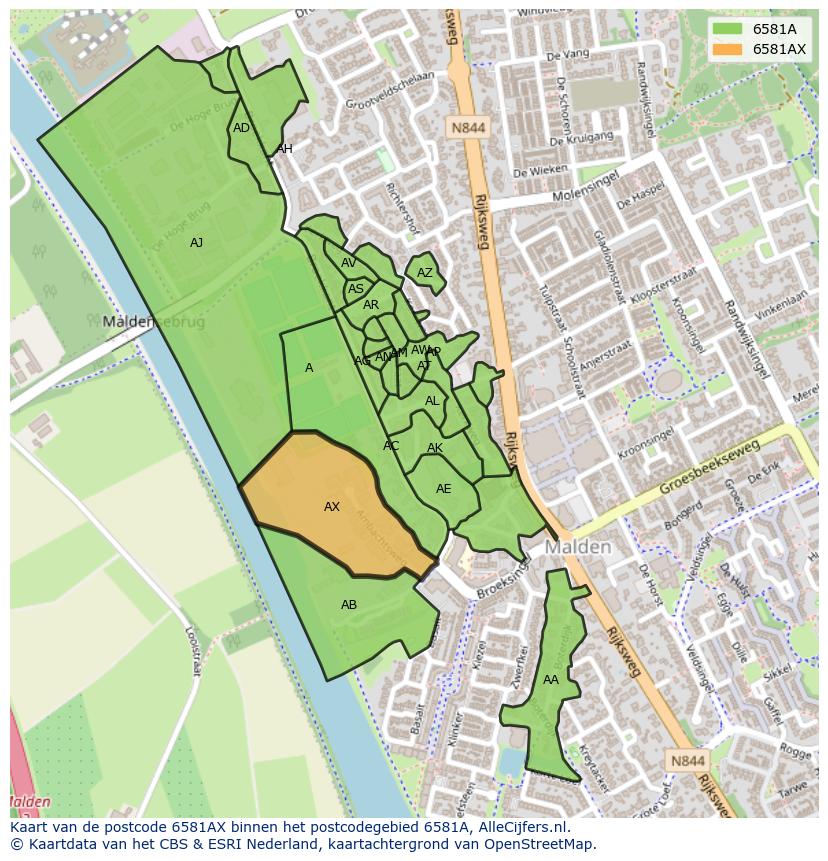 Afbeelding van het postcodegebied 6581 AX op de kaart.