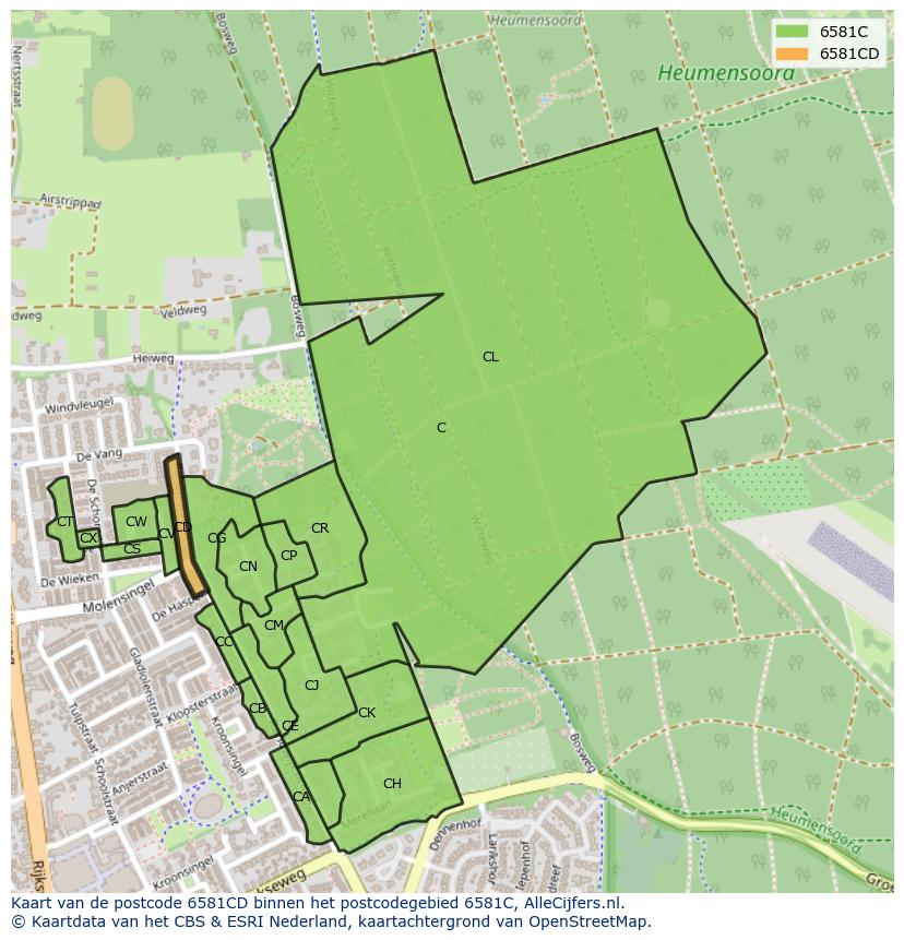 Afbeelding van het postcodegebied 6581 CD op de kaart.
