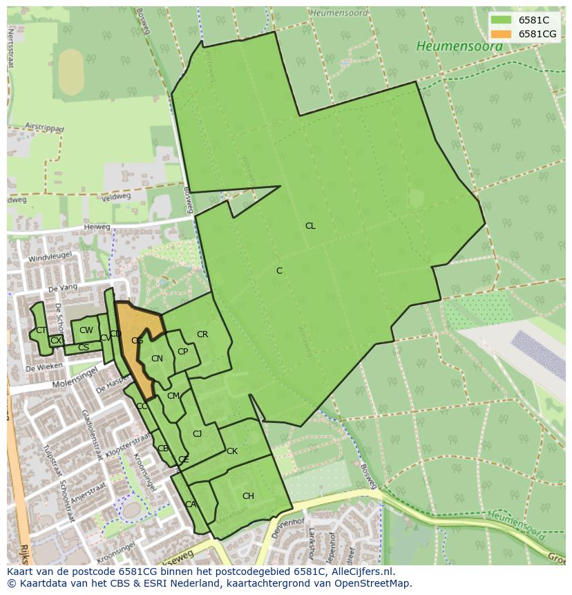 Afbeelding van het postcodegebied 6581 CG op de kaart.