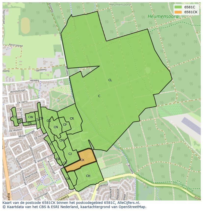 Afbeelding van het postcodegebied 6581 CK op de kaart.