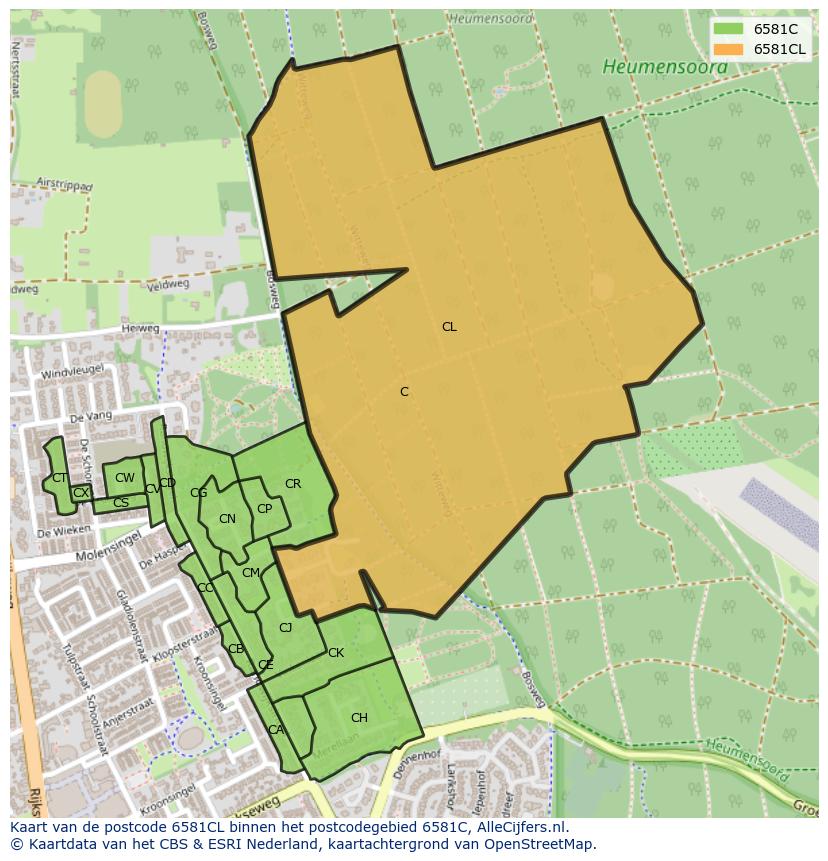 Afbeelding van het postcodegebied 6581 CL op de kaart.