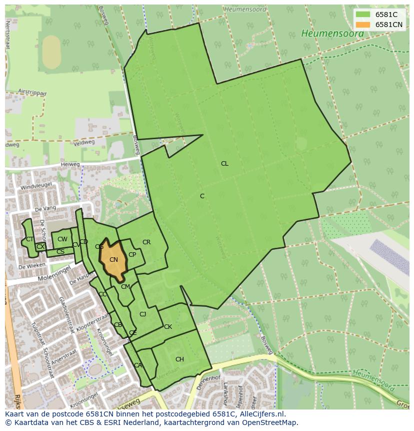 Afbeelding van het postcodegebied 6581 CN op de kaart.