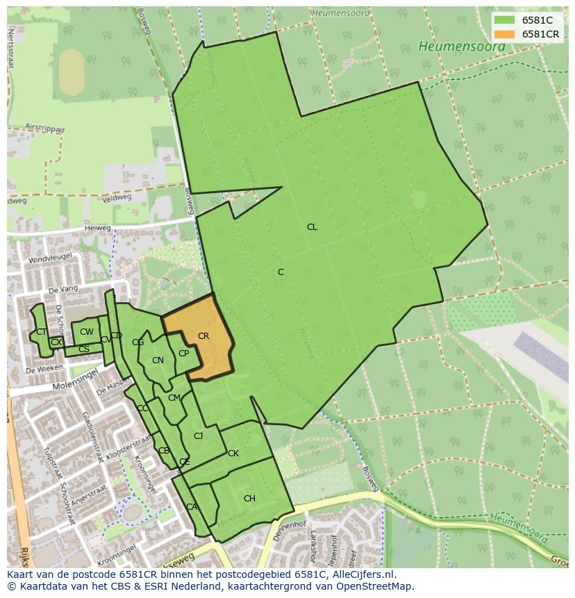 Afbeelding van het postcodegebied 6581 CR op de kaart.