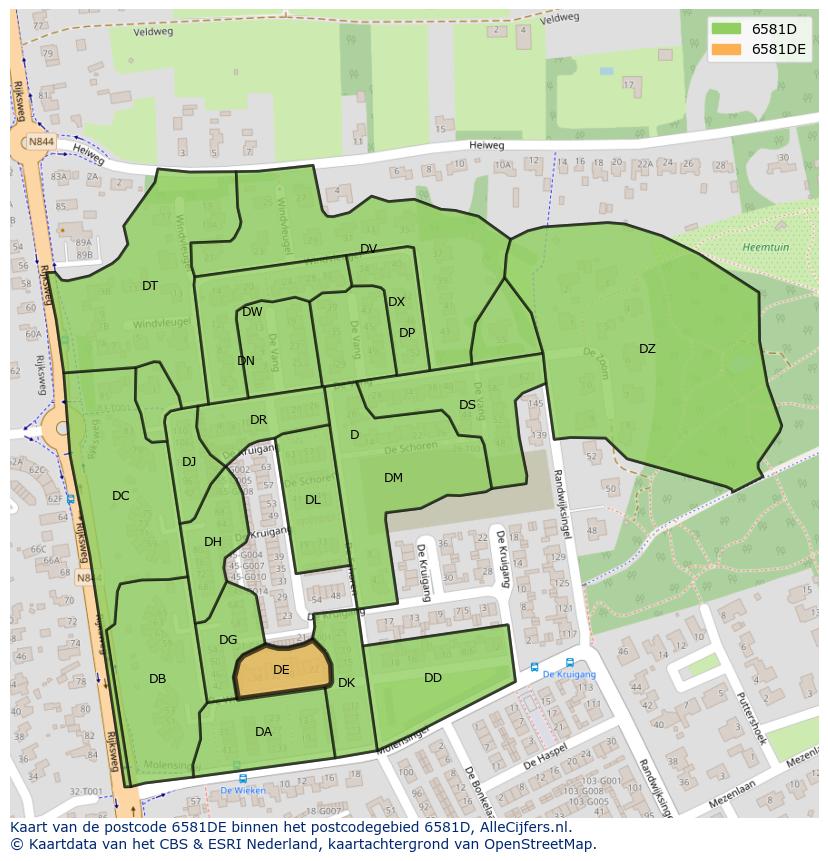 Afbeelding van het postcodegebied 6581 DE op de kaart.