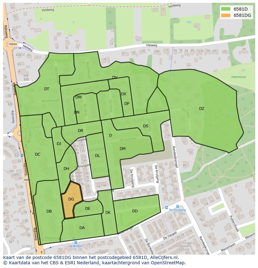 Afbeelding van het postcodegebied 6581 DG op de kaart.