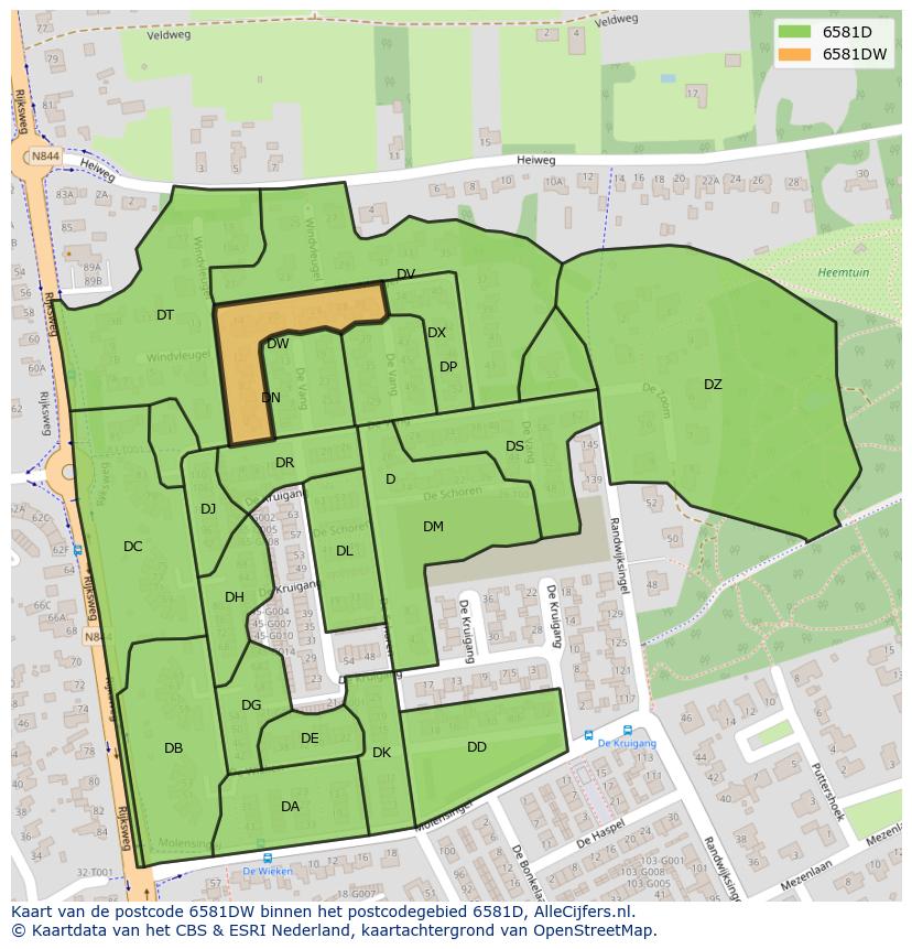Afbeelding van het postcodegebied 6581 DW op de kaart.