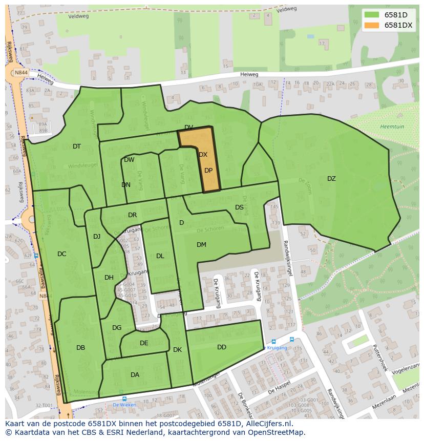 Afbeelding van het postcodegebied 6581 DX op de kaart.