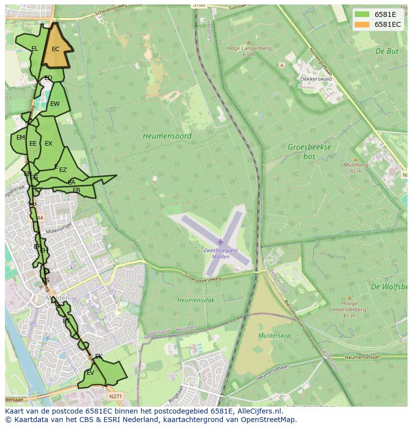 Afbeelding van het postcodegebied 6581 EC op de kaart.