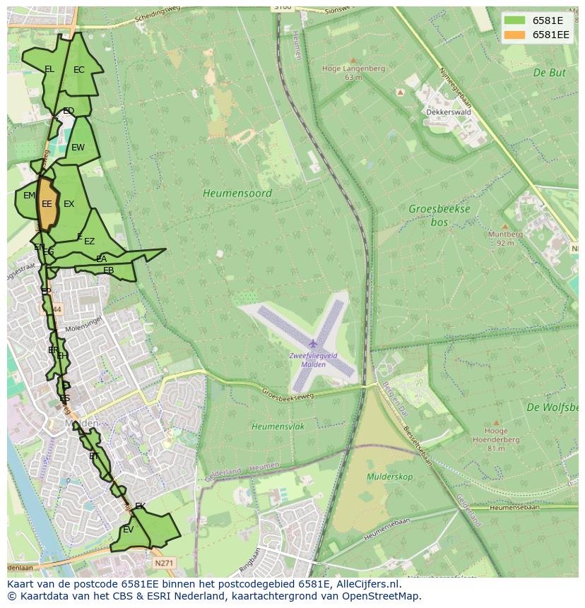 Afbeelding van het postcodegebied 6581 EE op de kaart.