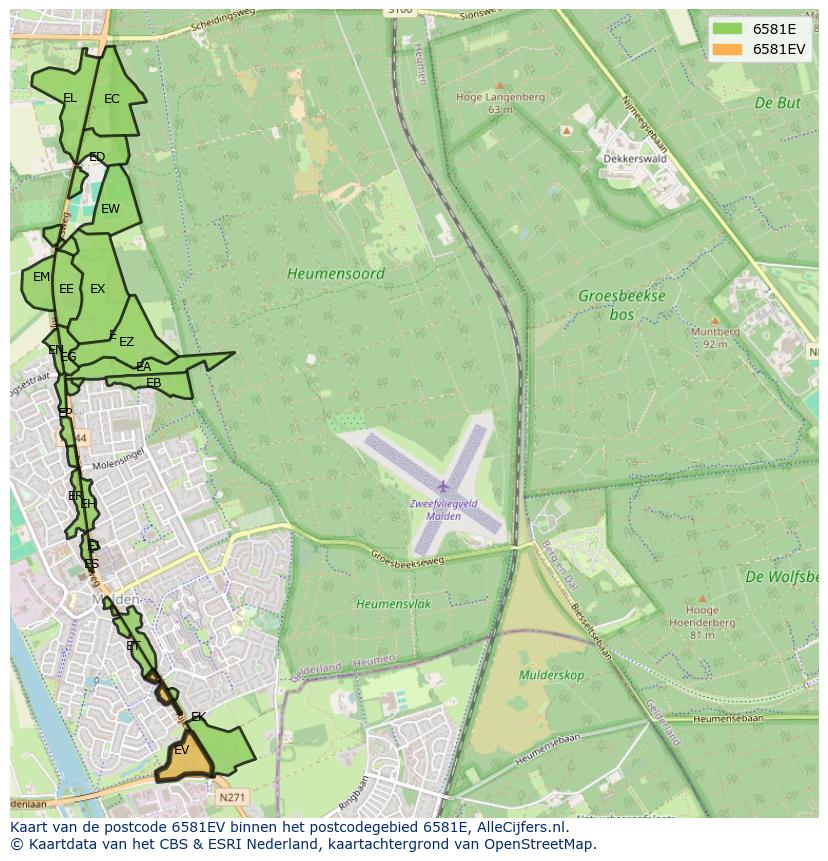 Afbeelding van het postcodegebied 6581 EV op de kaart.