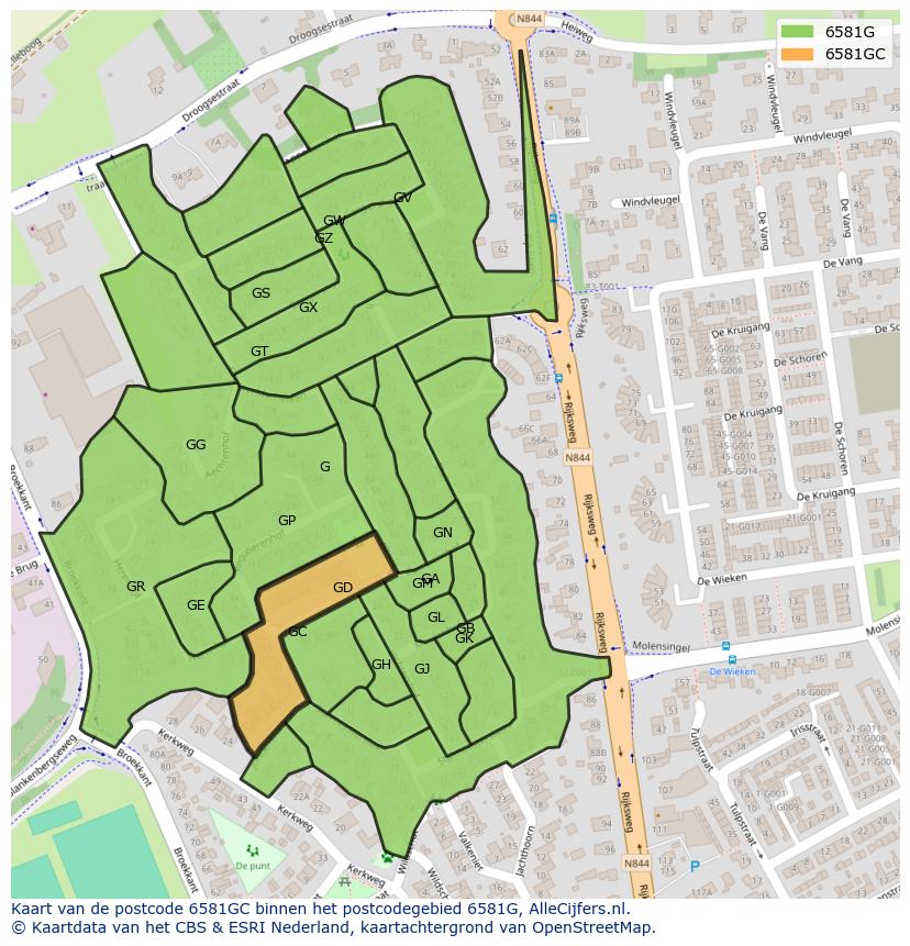 Afbeelding van het postcodegebied 6581 GC op de kaart.
