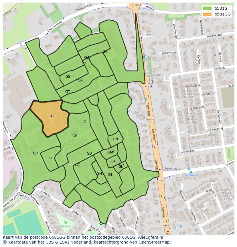 Afbeelding van het postcodegebied 6581 GG op de kaart.