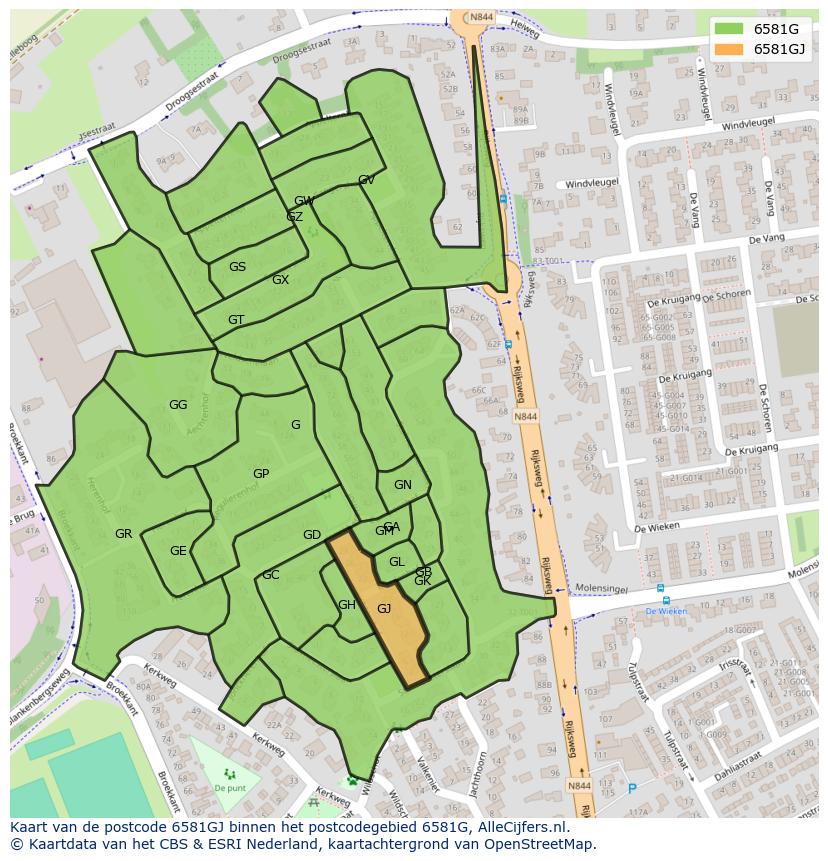 Afbeelding van het postcodegebied 6581 GJ op de kaart.