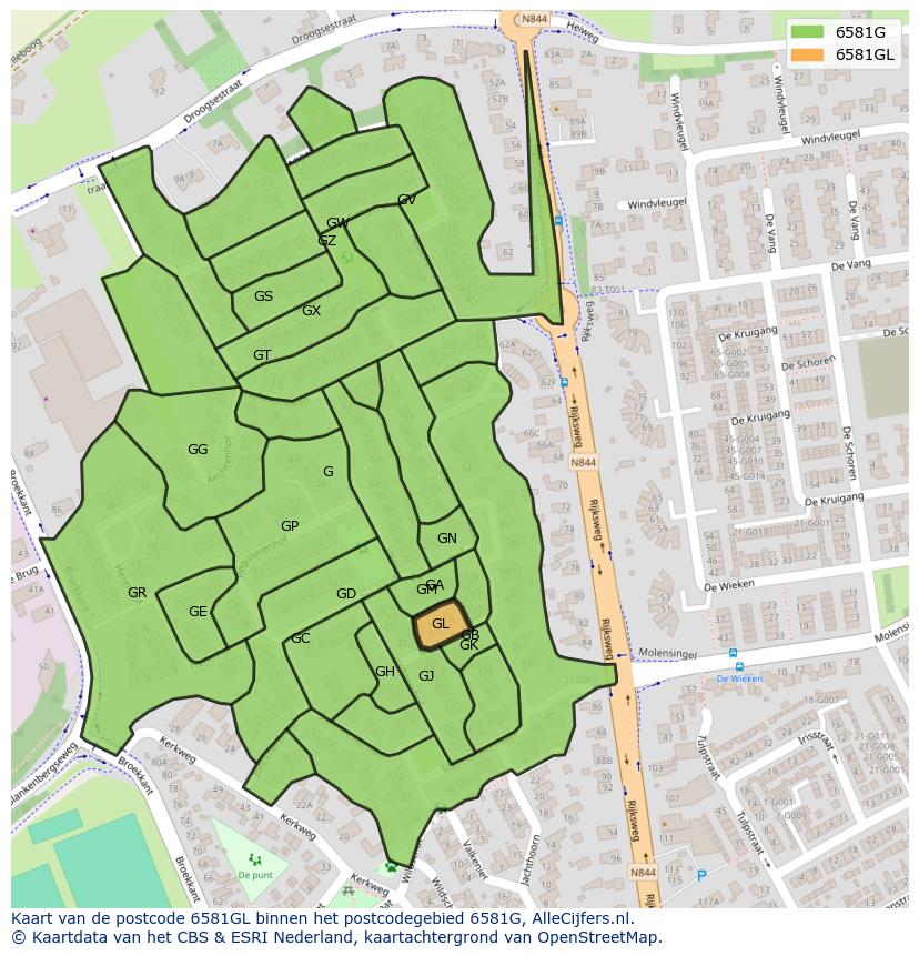 Afbeelding van het postcodegebied 6581 GL op de kaart.