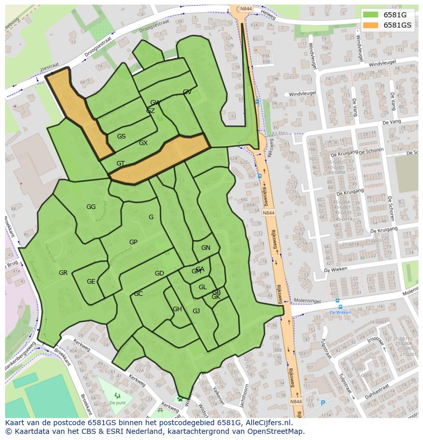 Afbeelding van het postcodegebied 6581 GS op de kaart.