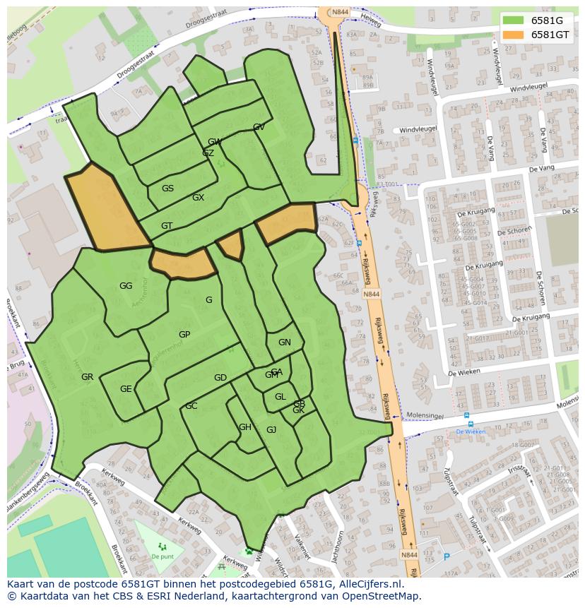 Afbeelding van het postcodegebied 6581 GT op de kaart.